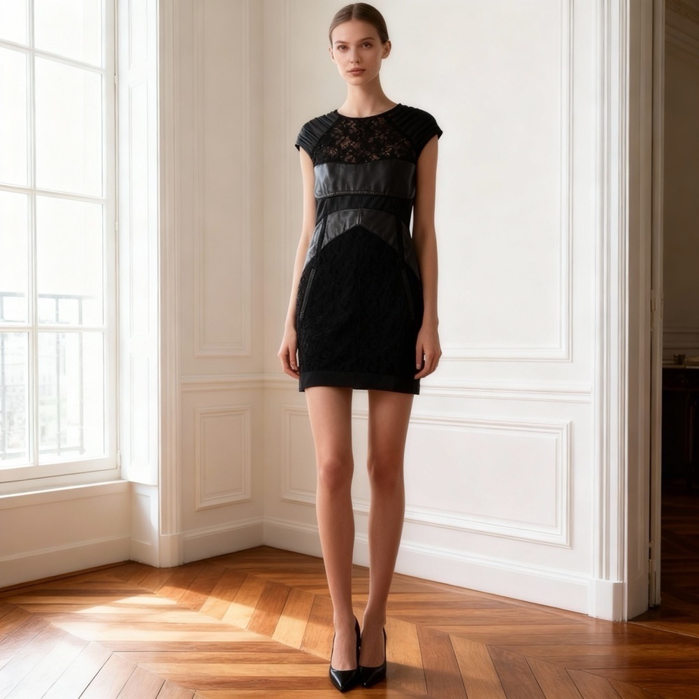 The Kooples SHORT BLACK DRESS IN LACE AND LEATHER
